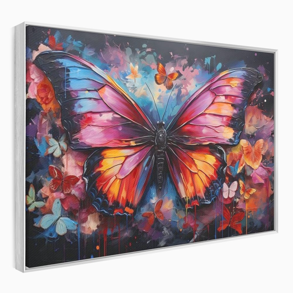 Tablou canvas cu tablou canvas cu fluture central multicolor, in rama de aluminiu argintiu